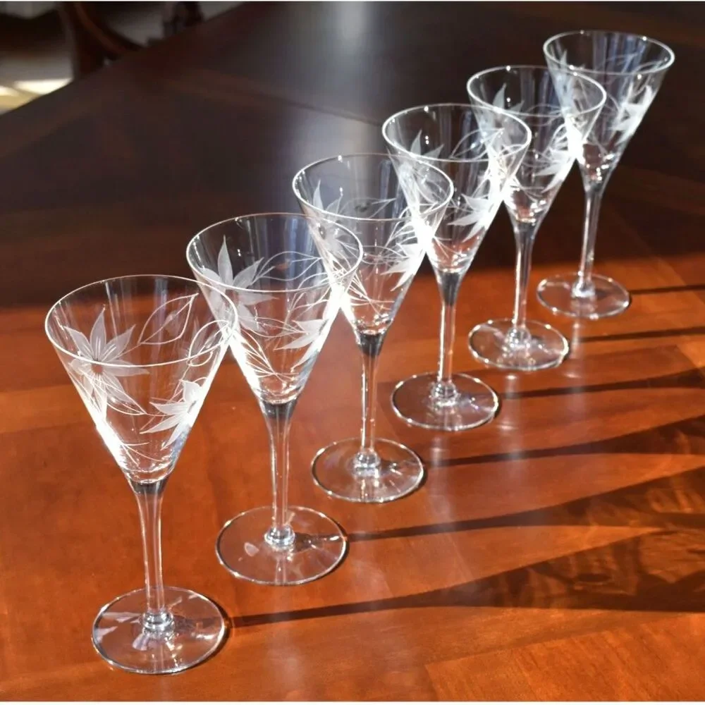 Set of 6 Hand-Blown & Etched Water Goblets – UNK257 Pattern